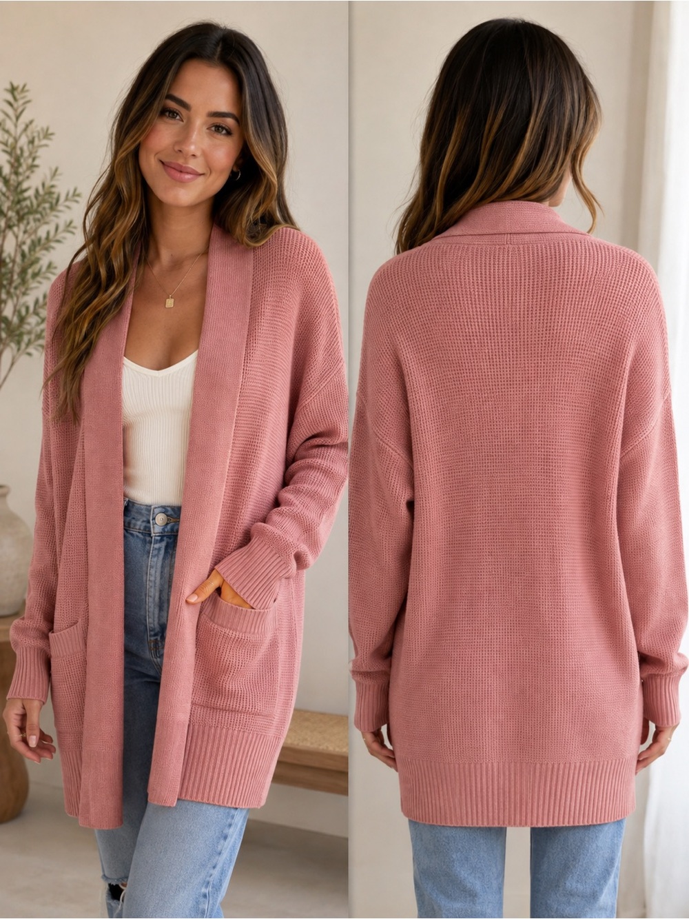 NWT Barefoot Dreams LuxeBlend Waffle Knit Cardigan Pink Open Front